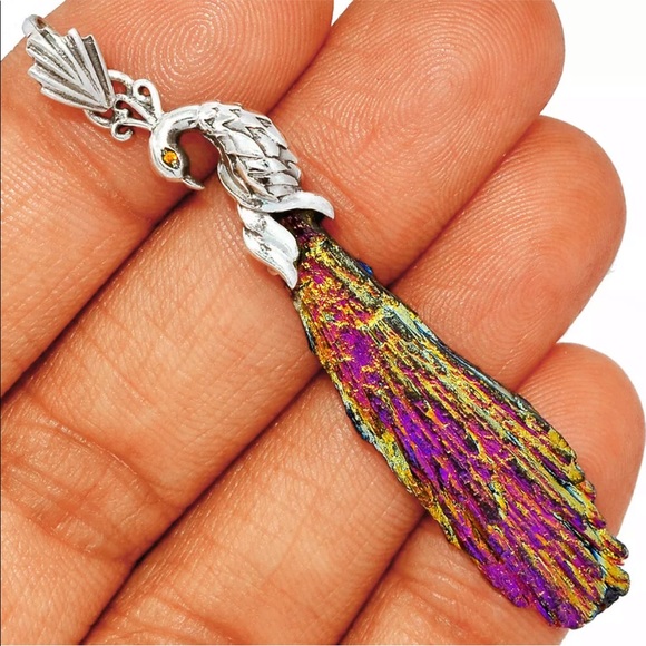 Earth Art hand crafted artisan Jewelry - Striking rainbow Aura kyanite peacock pendant